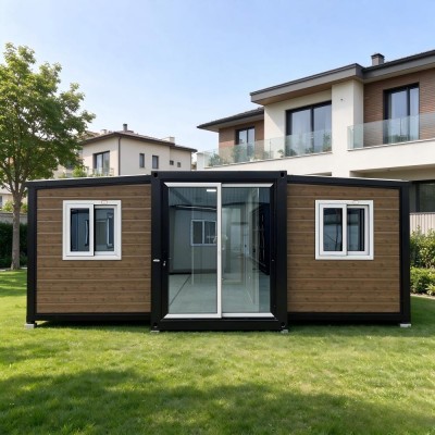 20ft Double Wing Expandable Container House Teak Grain Metal Cladding Modular Tiny Home