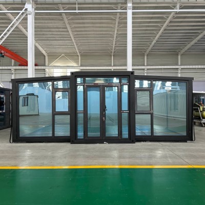 20ft Grey Metal Carved Panel Expandable Container House with Glass Curtain Wall for Living